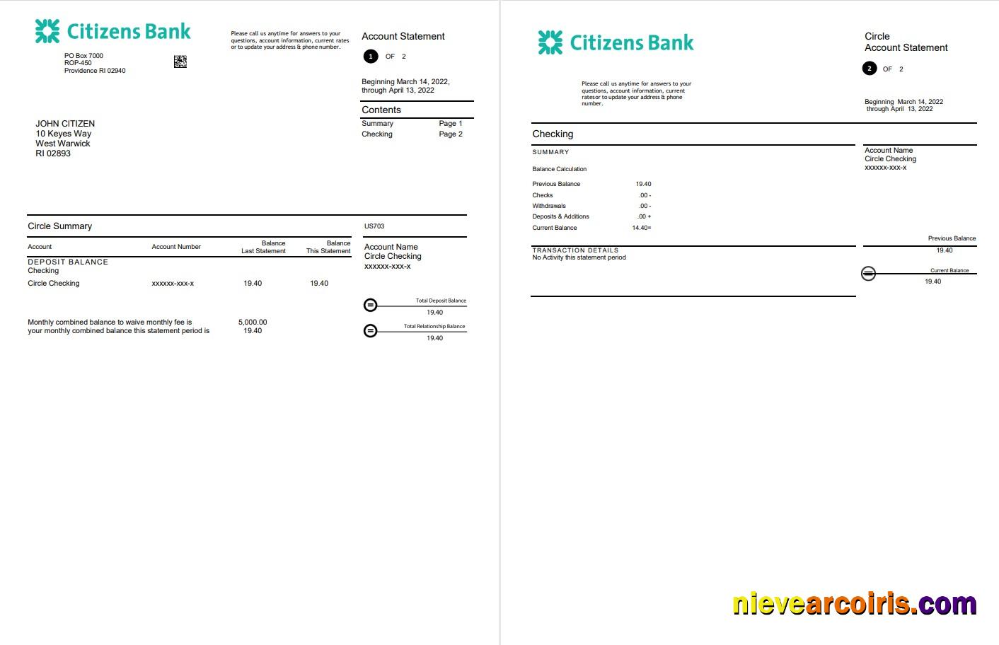 USA Citizens bank statement Word and PDF, 2 pages